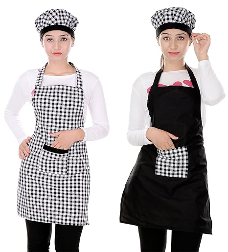 Switchon Black and white checks Cotton and Polyester Kitchen apron with cap