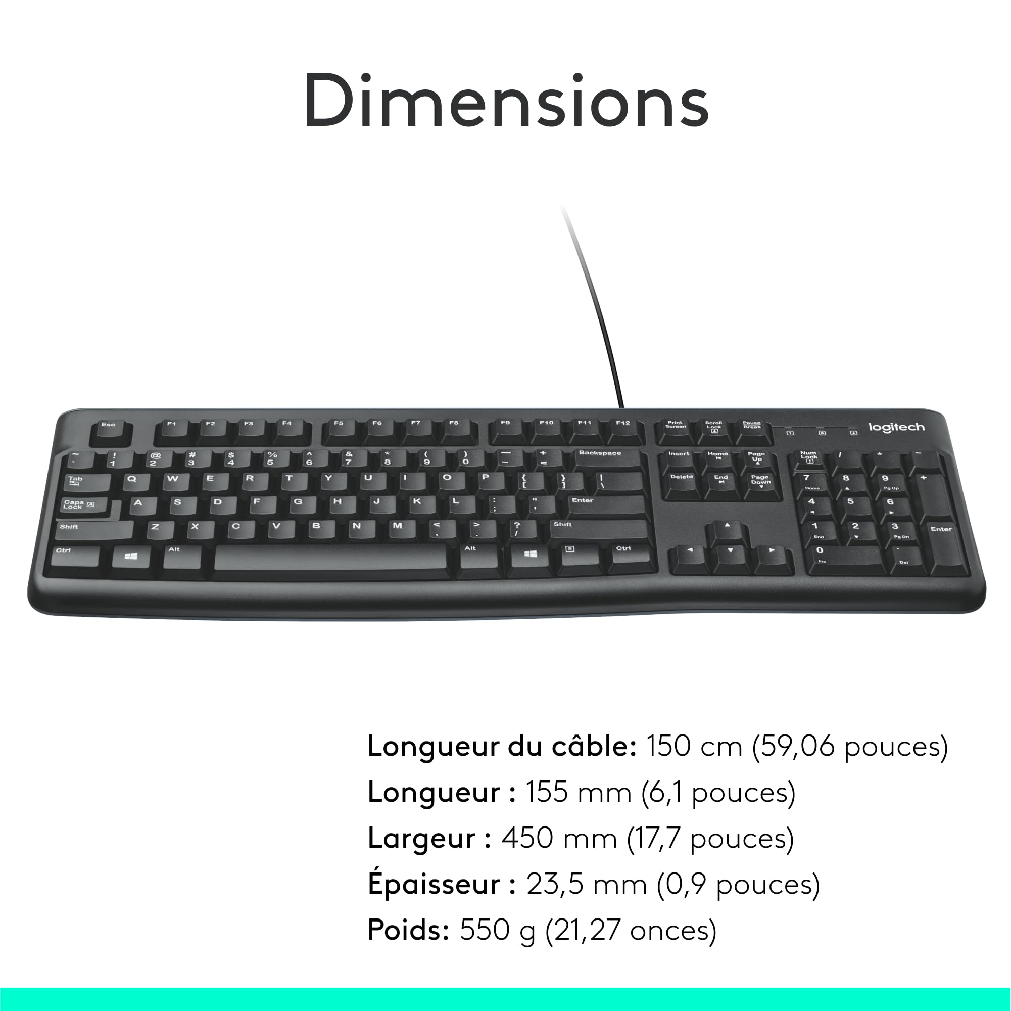 Logitech K120 Clavier Filaire pour Windows, USB Plug-and-Play, Taille Standard, Résistant Eclaboussures, Barre D'Espacement Incurvée, Compatible PC, Ordinateur Portable, Français AZERTY - Noir