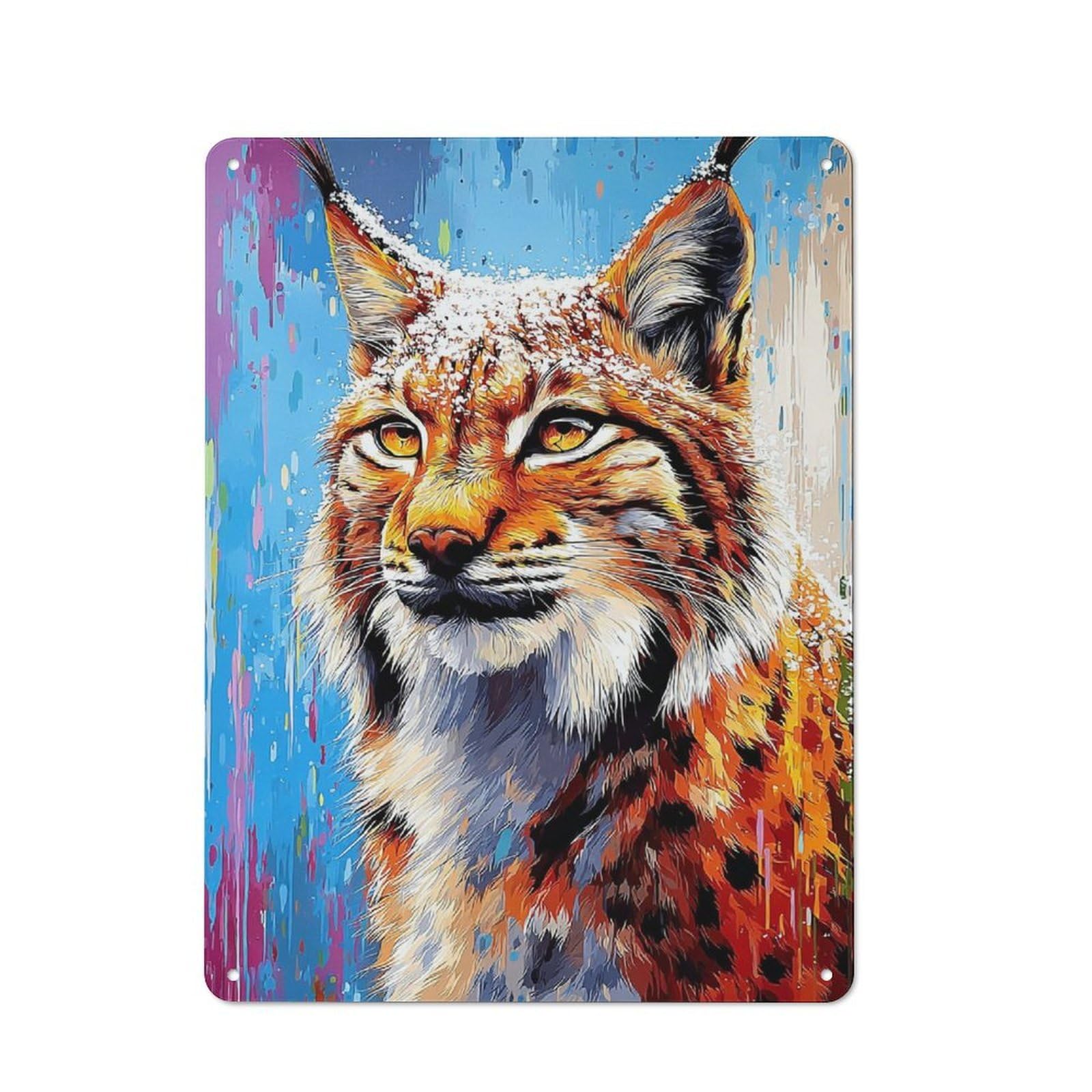 Junmoney Colorful Lynx Portrait Retro Metal Sign With Design 40X30cm, Distressed Look Retro Room Decor For Living Room, Hallway, Kitchen Or Cafe