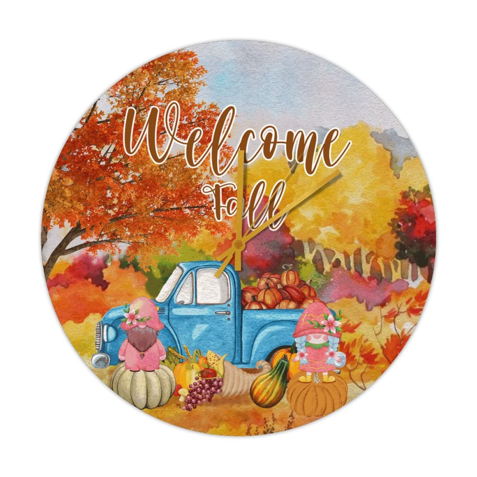 Horloge murale en bois avec nain de Thanksgiving de 38 cm rustique et silencieuse
