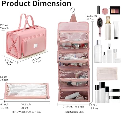 Miniatura 7 de Bolsa de maquillaje enrollable, bolsa de aseo de viaje para mujer con 4 bolsas transparentes aprobadas por la TSA, organizador de viaje colgante,