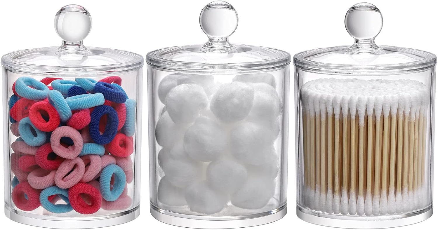 Tbestmax 15-Ounce Qtip Holder Dispenser Bathroom Containers Apothecary Jar for Cotton Ball Swab Pad Storage (3 Pack)