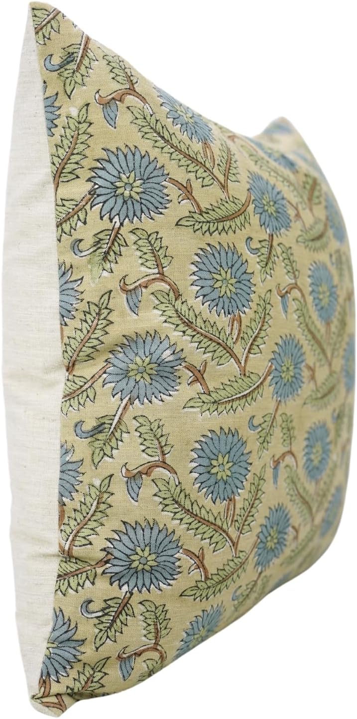 Pillow Covers Floral Hand Block Print Linen Blend 22X22 Throw Cushion Cover, Indoor Farmhouse Pillowcase, Decorative for Sofa, Couch, Bed, Boho Home Decor, Swarna, Black