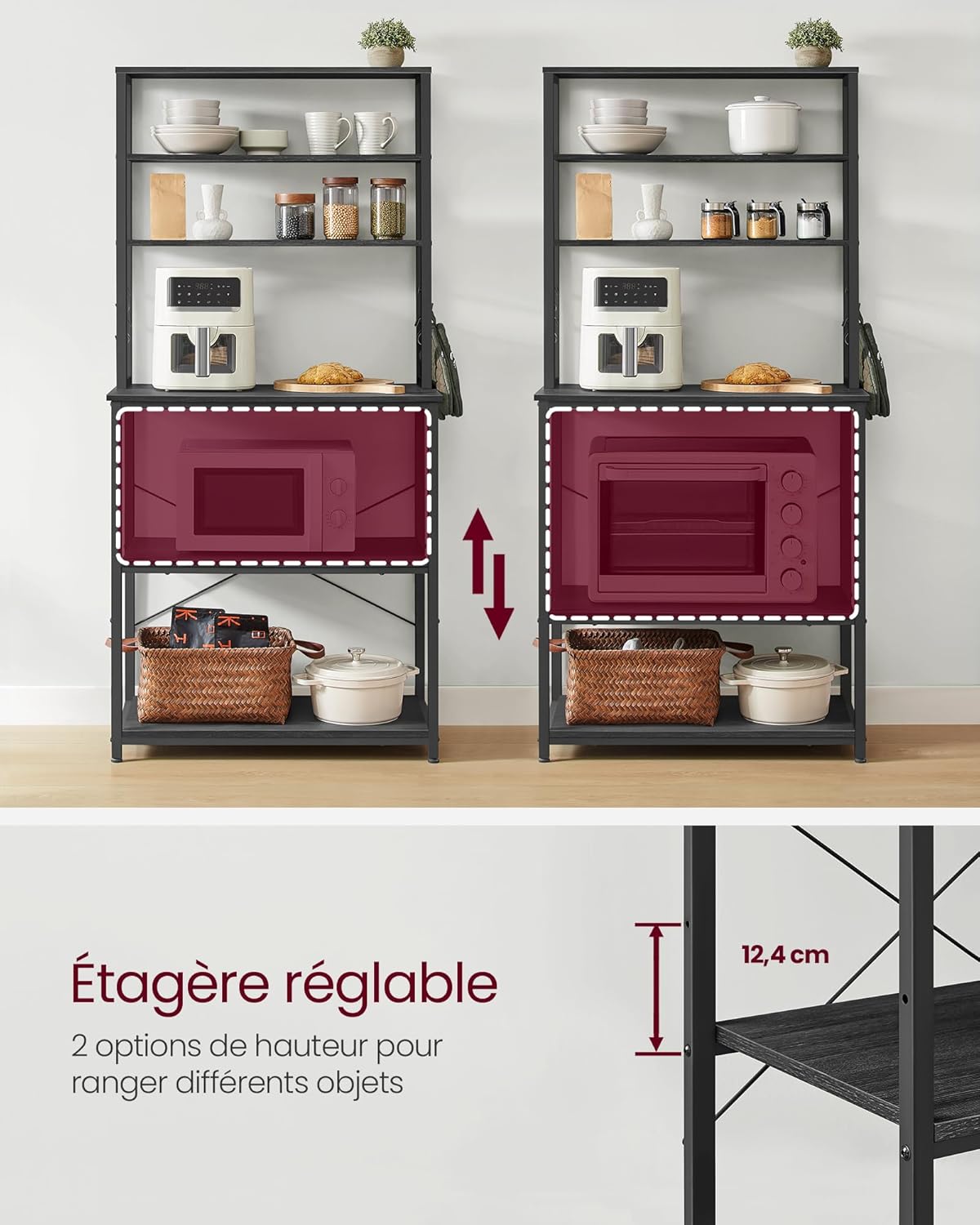 Diagram illustrating the adjustable height feature of the middle lower shelf, showing two possible positions for different appliance sizes.