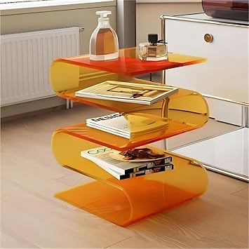 S Shaped Acrylic Side Table, Sleek Nightstand, Acrylic Coffee Table, Clear Bedside Table, Magazine Bookshelf, End Table for Living Room, Bedroom, Study, PatioOrange