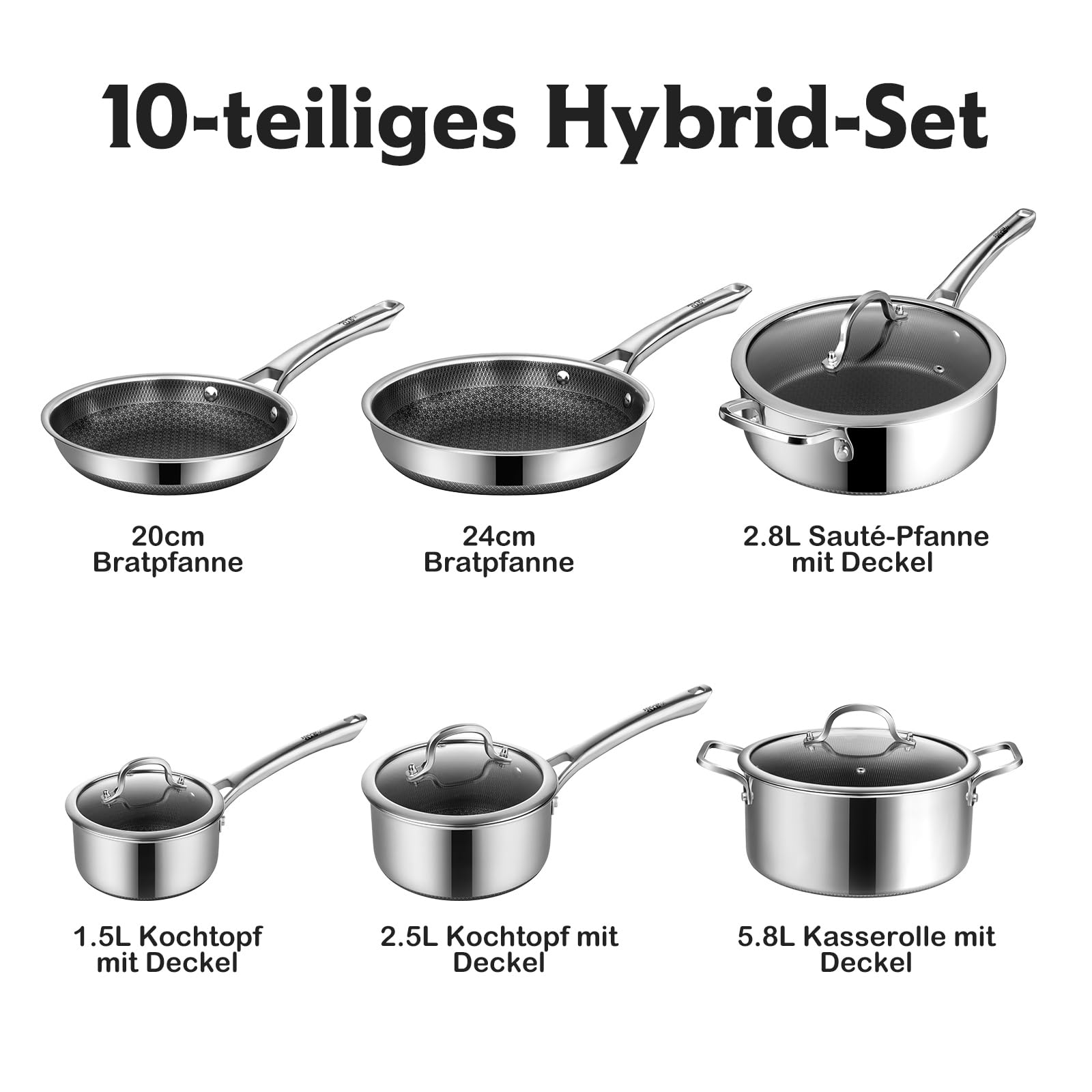 Topfset Edelstahl 10-teilig, Induktions Töpfe Set mit Antihaft, 20&24cm Bratpfanne, 1,5&2,5L Stielkasserolle, 5,8L Kochtopf, 2,8L Sautepfanne, Topfset für Alle Herdarten, Ofen & Spülmaschinengeeignet