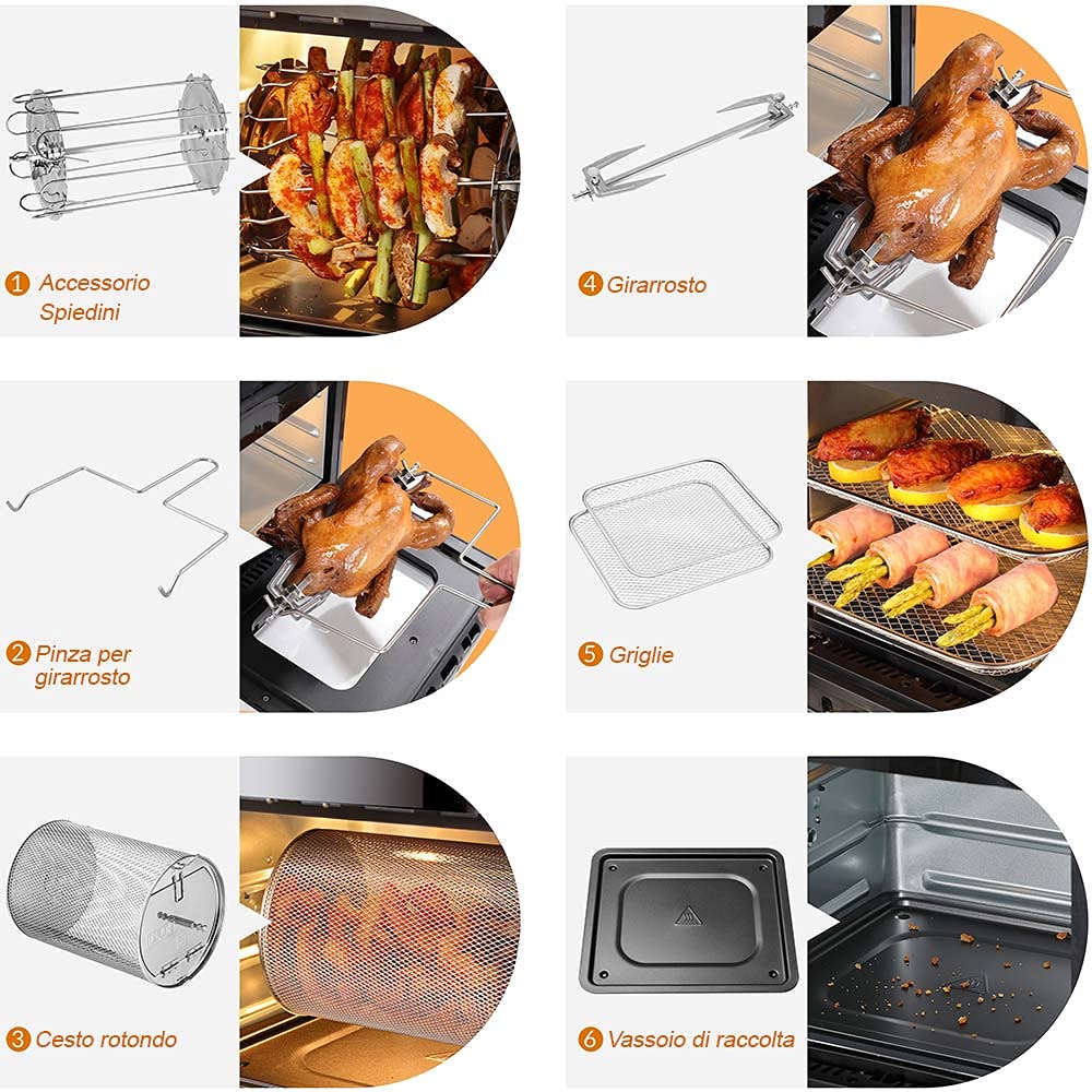 Bakaji Forno Friggitrice ad Aria Calda Frigge Cuoce Griglia Essicca Senza Olio Airfryer Capacità 12Lt Display LED Touch 12 Programmi Timer Regolazione Temperatura Potenza 1800W (Silver)