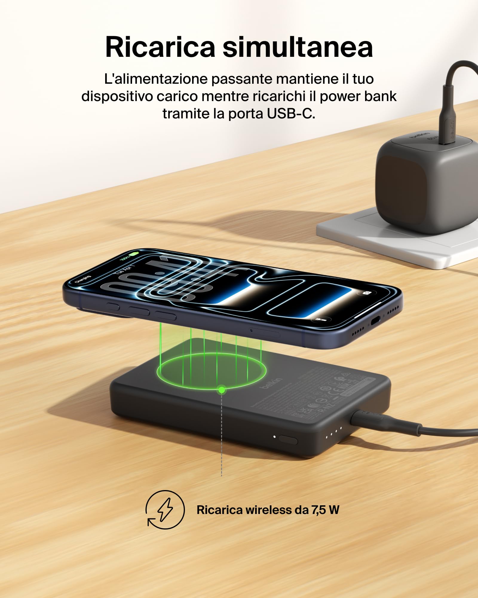 Belkin BoostCharge Power Bank Magnetico 10000mAh, Porte USB-C - Nero | Caricatore Portatile 10000mAh Wireless, Anello Magnetico, 2 USB-C, Pre-Caricato, Leggero, Cavo Incluso, Sicuro per l'Aereo