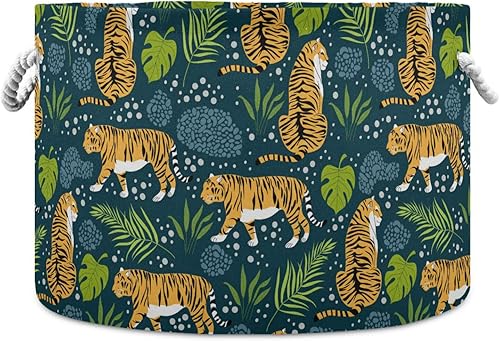 Tigers Tropical Leaves Round Collapsible Waterproof Baskets for Storage Containers with Sturdy Handle Decorating for House Bedding Towel