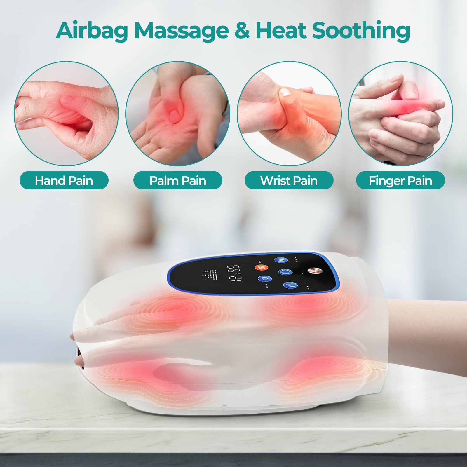 Massaggiatore elettrico a mano con calore e compressione, 3 modalità 5 livelli massaggiatore manuale senza fili, massaggio riscaldato da polso con palmo delle mani, funzionamento touchscreen, timer