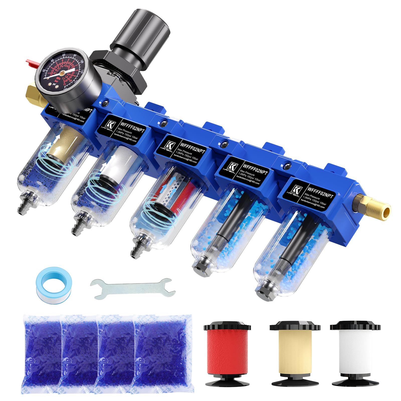 Séchoir à air NPT à 5 étapes 1/4" pour compresseur, filtre en laiton et filtre coalescent, séchoir à double déshydratant et régulateur d'air, système de séparateur d'eau de compresseur