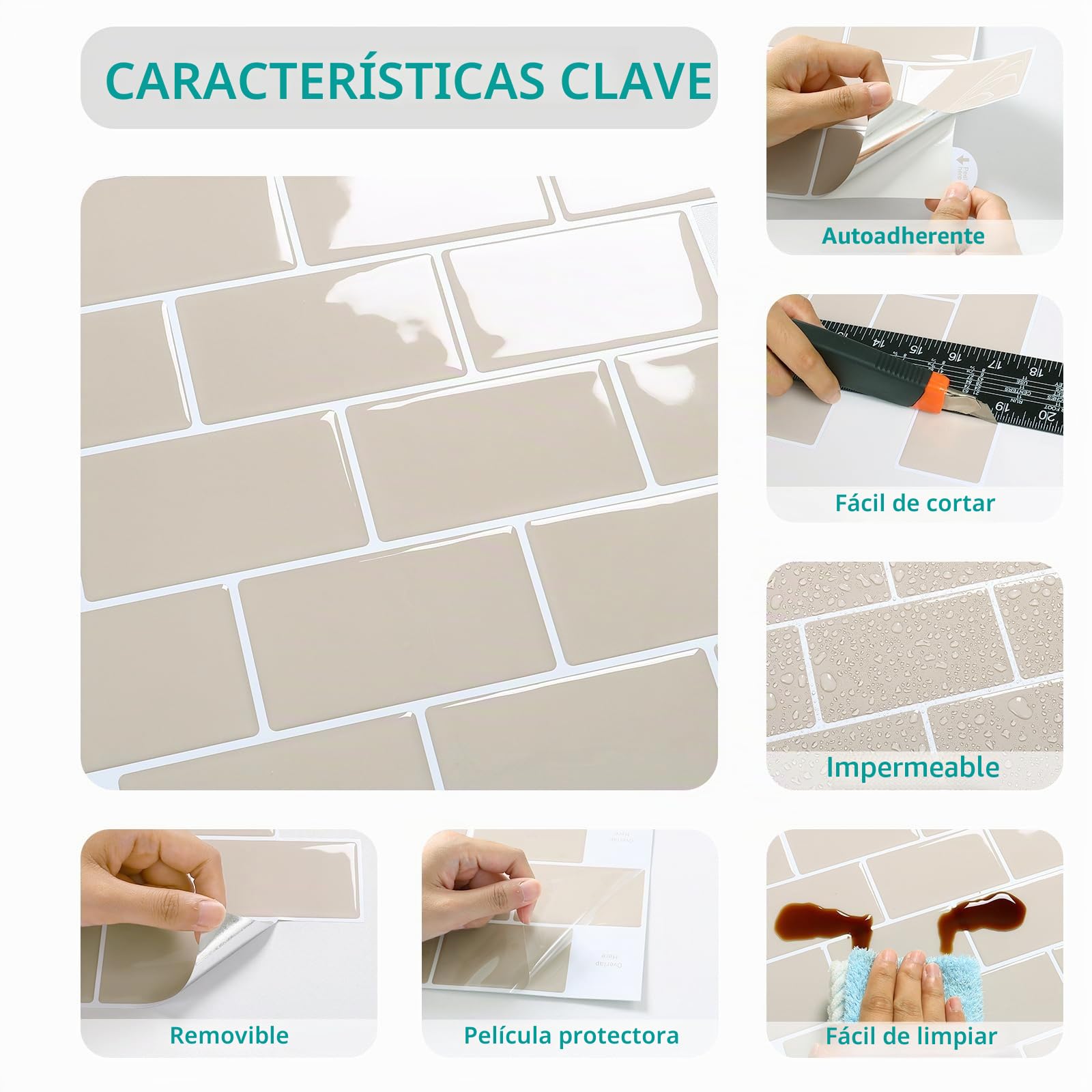 VEELIKE Vinilos Cocina Azulejos Beige 3D Rectangulares Azulejos Adhesivos Baño Adhesivos Pegatinas de Baldosas Adhesivas Pared Comedor Papel Adhesivo para Azulejos Extraíbles 30.5cm×30.5cm 12 Piezas