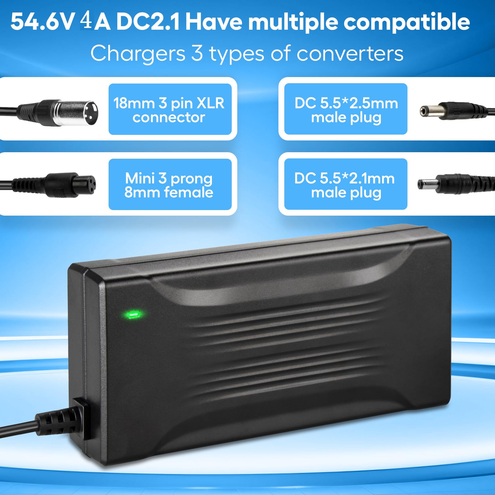 54,6 V 4 A Batterieladegerät für 48 V E-Bike, Scooter, Elektrofahrräder, Rollstühle, Mobilitätsgeräte, Elektroroller Ladegerät 48V 4a mit 3 Anschlüssen GX12 3P-XLR DC5521 Stecker