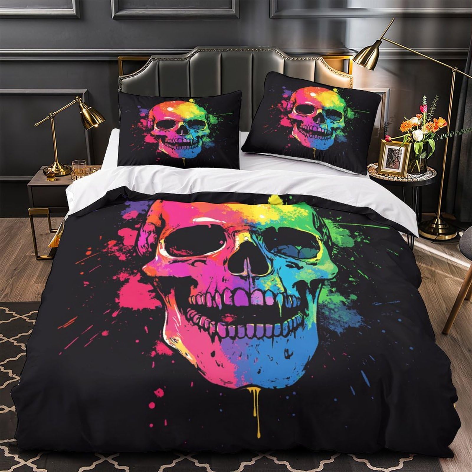 Housse de couette crâne avec éclaboussures colorées en impression 3D dynamique pour lit double