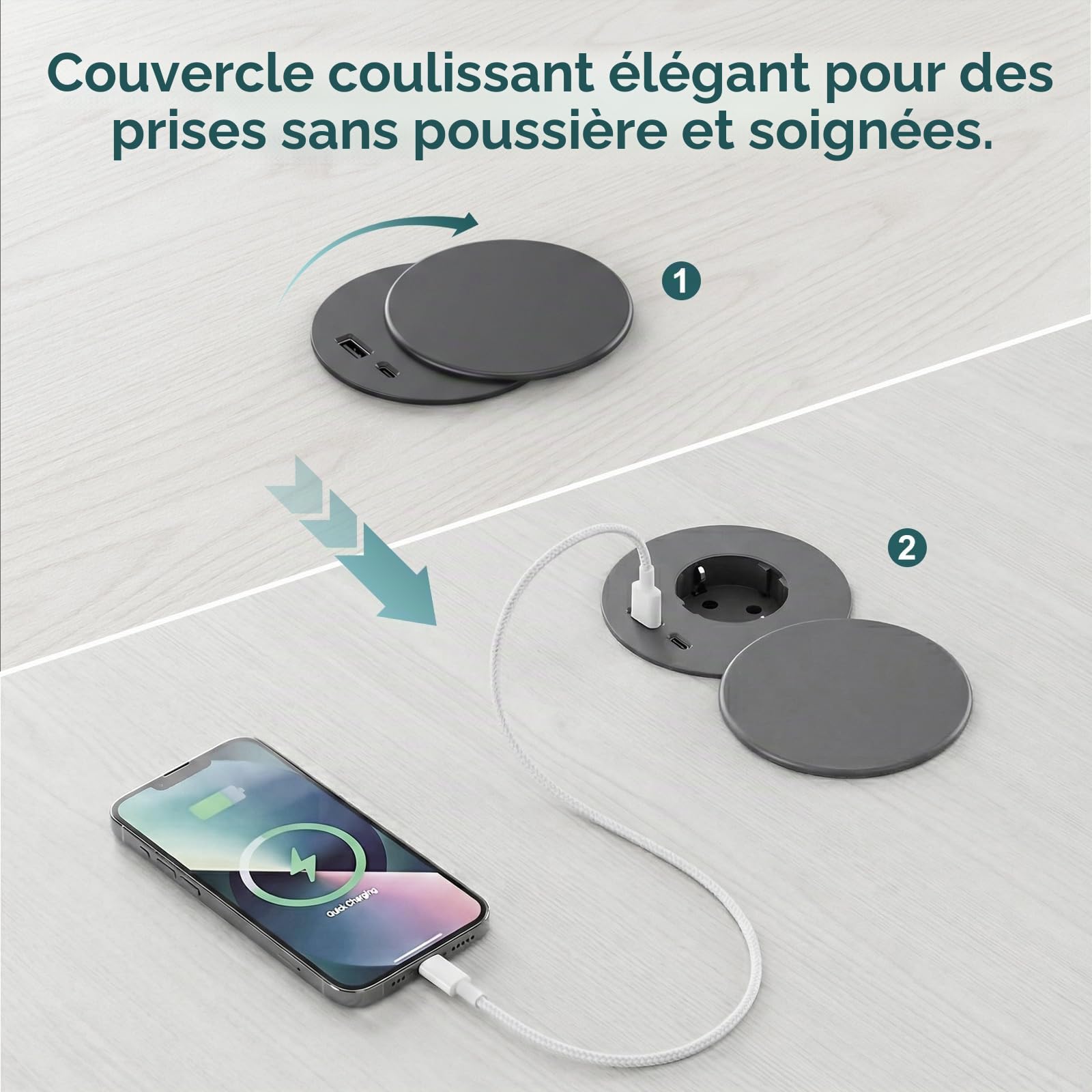 Prise Encastrable Plan de Travail avec 1 Prise, 1 Port USB C, 1 Port USB A, 80 mm de Diamètre, Prolongateur de 1,5M de Câble, Dinolink Prise avec Couvercle équipée pour la Cuisine, Les Meubles, Noir