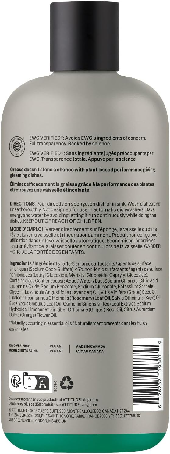 ATTITUDE Dish Soap, Infused with Essential Oils, Plant-Based Ingredients, EWG Verified, Great for Clean and Sparkling Dishes, Vegan Dishwashing Liquid, Lavender & Rosemary, 16.5 Fl Oz - Image 7