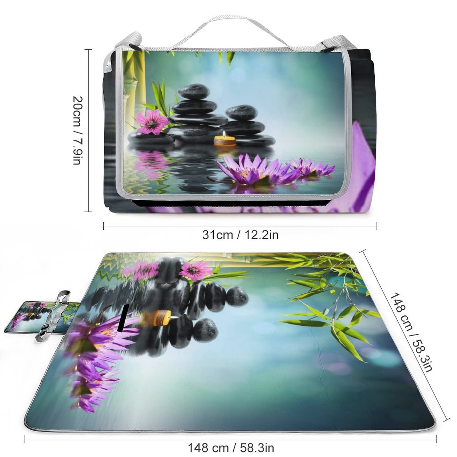 Zen Japanese Style Beach Picnic Blanket Landscape Spa Green Bamboo Black Stone Purple Flower for The Beach Camping on Grass Waterproof Sandproof 58.3x58.3 Inch
