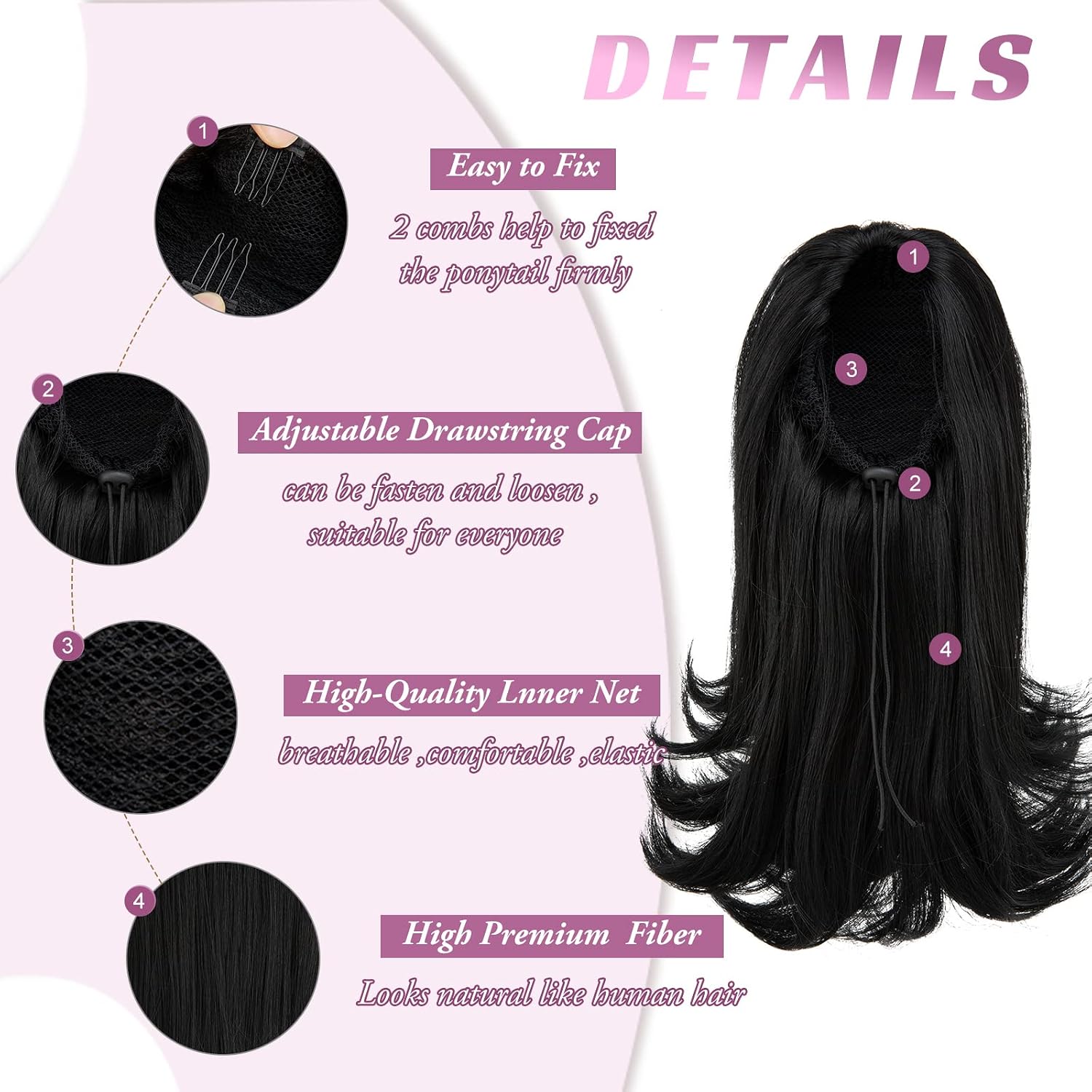 Short Black Drawstring Ponytail Hair Extension for Black Women 14 Inch Straight Ponytail with End Curls Synthetic Fake Hairpieces