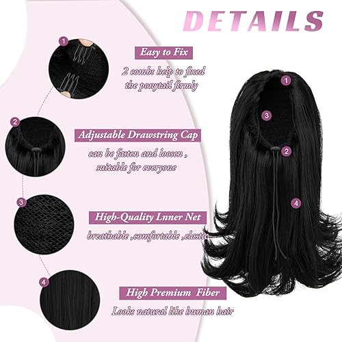 Miniatura 3 de Extensión de cola de caballo con cordón de 14 pulgadas, extensiones de cabello corto y rizado para mujeres y niñas, fibra sintética resistente al