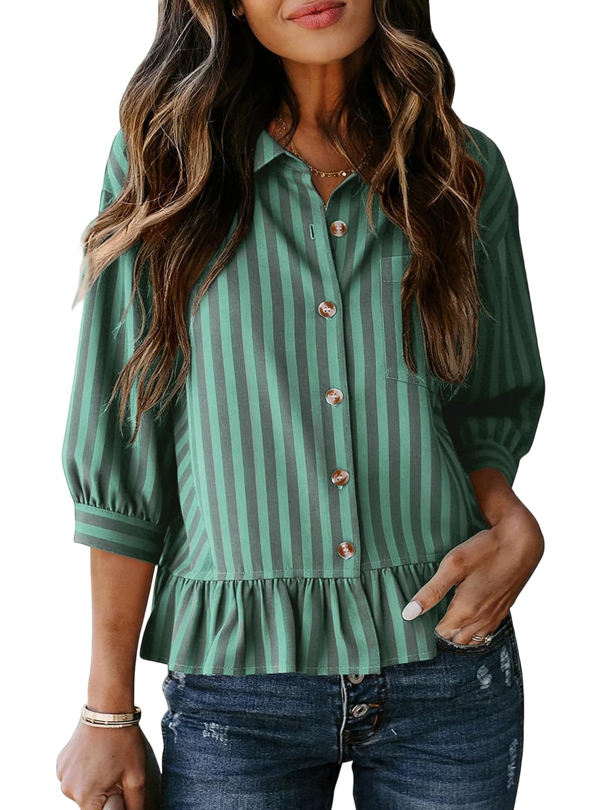 Camicie da donna con bottoni, stile boho, a righe, maniche a 3/4, orlo increspato, ampio, elegante, casual, elegante, lavoro, ufficio