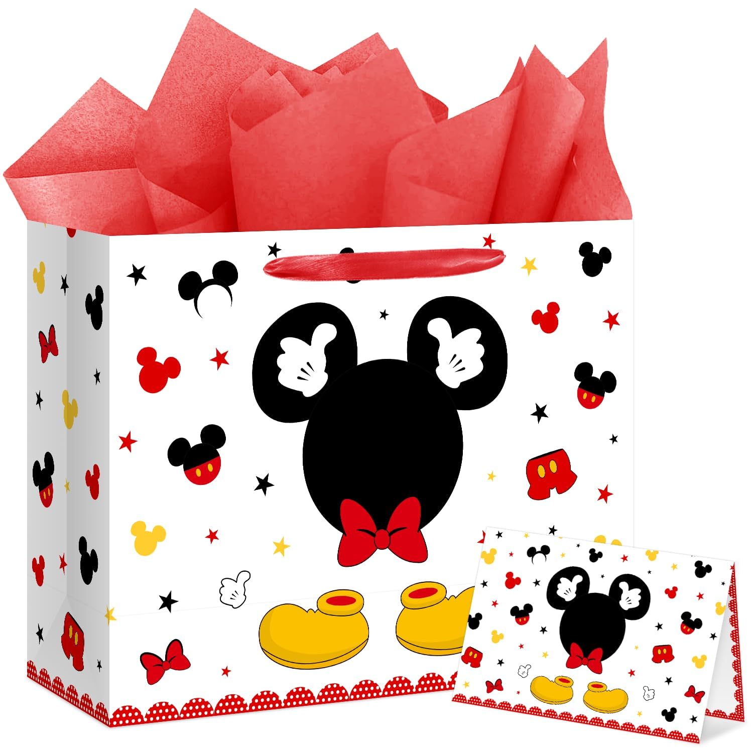 13" Large Red Mouse Happy Birthday Gift Bag Set with Handles, Greeting Card and Tissue Papers Red Black Gift Wrapping Paper Bag for Girls Kids Teens 13"L x 10.2"H x 4.9"W