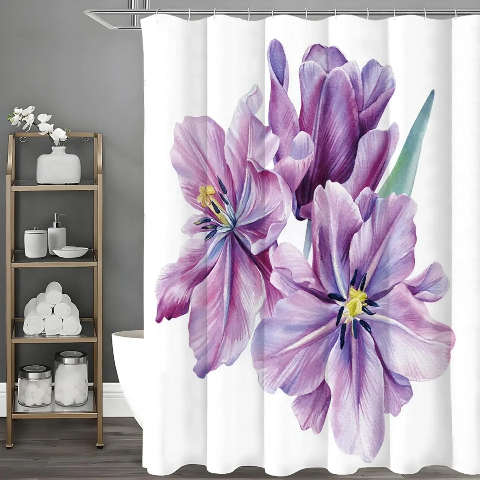 Tenda da doccia con motivo floreale ad acquerello viola, divisorio decorativo per vasca da bagno, tessuto in poliestere impermeabile con ganci 280x200 cm/110x79 pollici (LxA) Blu