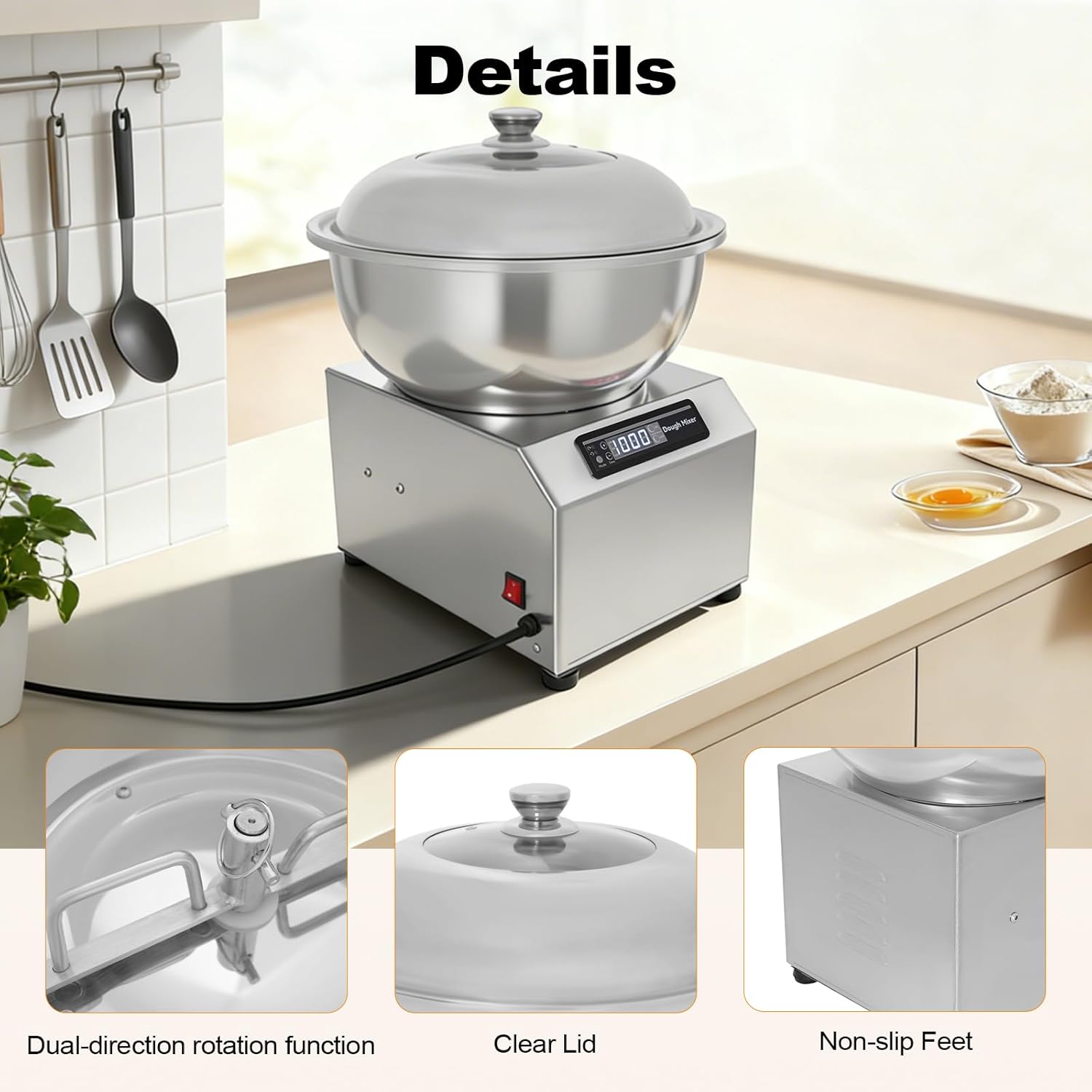 Commercial Spiral Dough Mixer Machine 8KG/17.6LBS, 1500W 1400rpm Electric Spiral Kneader with Dual Rotation, 110V Heavy Duty Dough Maker for Bakery, Restaurant, Pizza, Bread Dough, Home Use