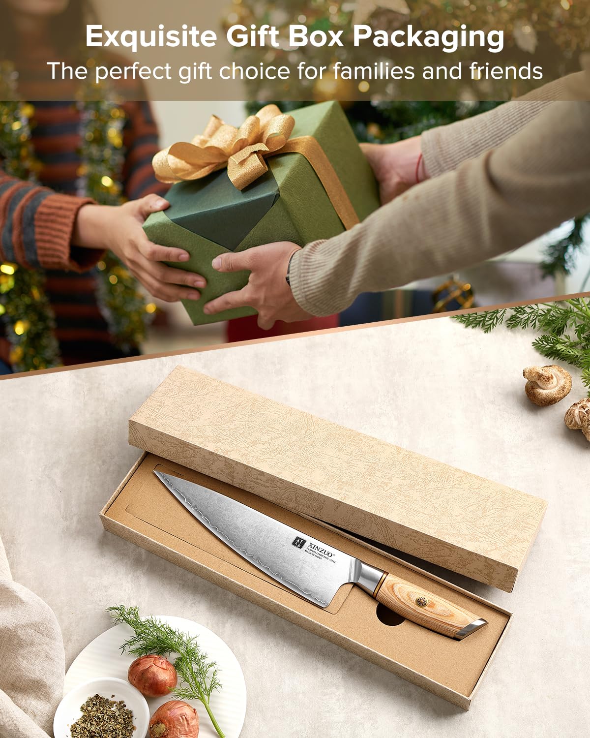 XINZUO Cuchillo de Chef y de Cocinero Profesional 21.2cm - Cuchillo Gyuto Afilado de Cocina 10Cr15CoMoV de Acero Compuesto de 3 Capas - Mango de Madera Pakka