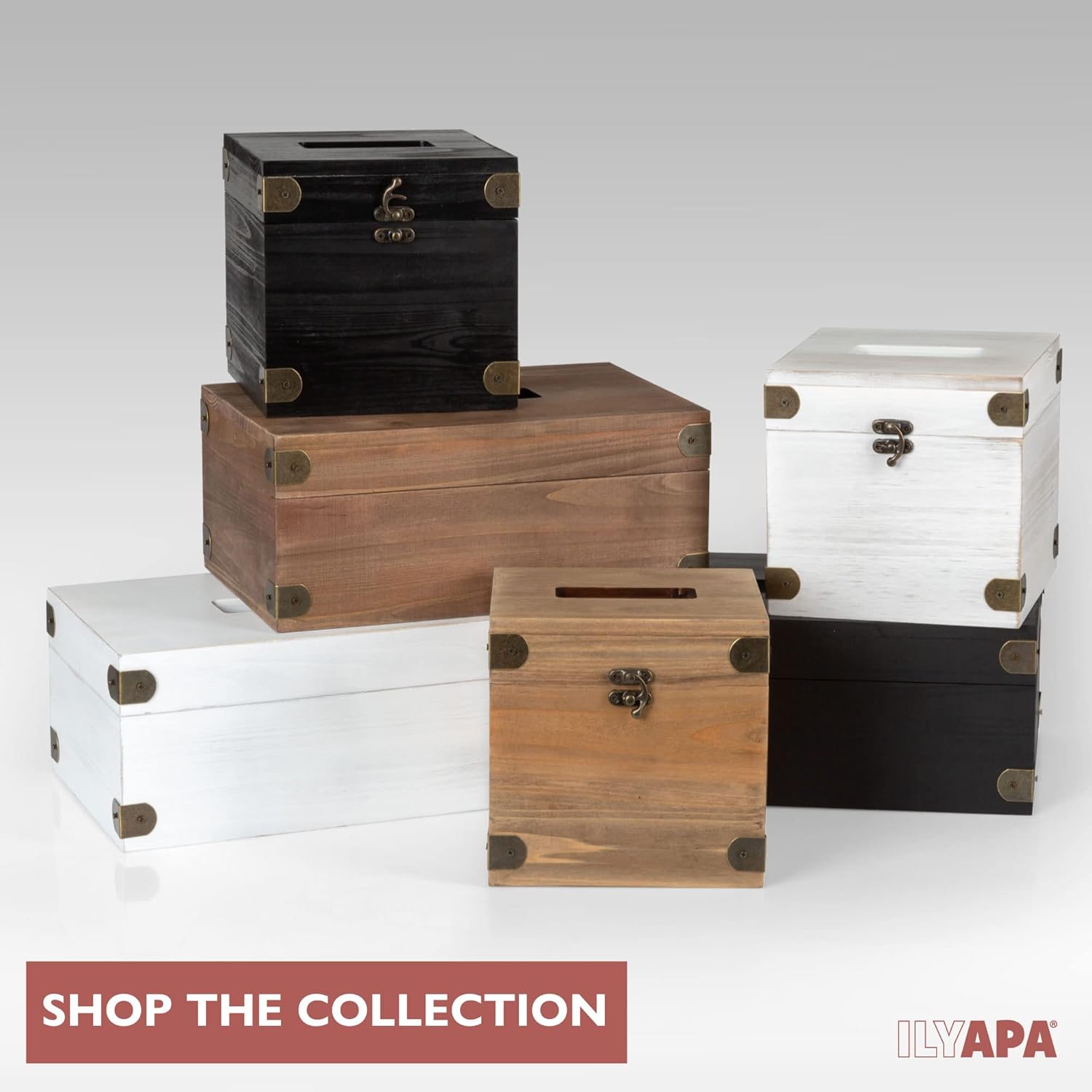 Ilyapa 5 x 6 Rustic Tissue Box Holder - Hinged Lid Tissue Dispenser for Bathroom Living Room Bedroom - White Weathered Wood