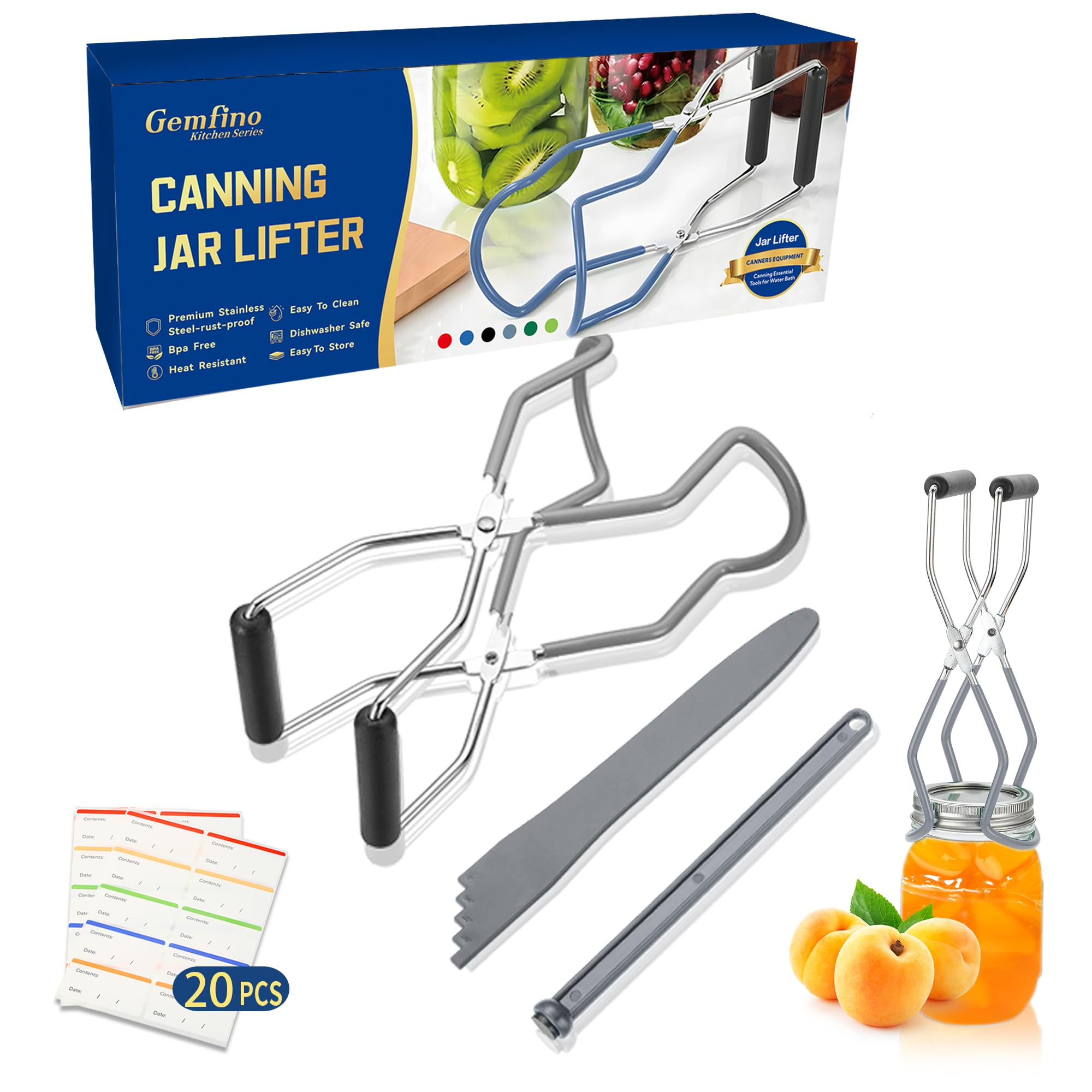 Canning Jar Lifter Tongs with Jar Lid Lifter Magnetic Lid Lifter,Canning Bubble Popper Bubble Remover and Canning Labels for Canning Supplies Starter Kit,4Pcs Canning Tools-Gray