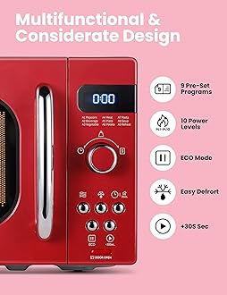 COMFEE' Retro Small Microwave Oven With Compact Size, 9 Preset Menus, Position-Memory Turntable, Mute Function, Countertop, Perfect For Small Spaces, 0.7 Cu Ft/700W, Red, AM720C2RA-R