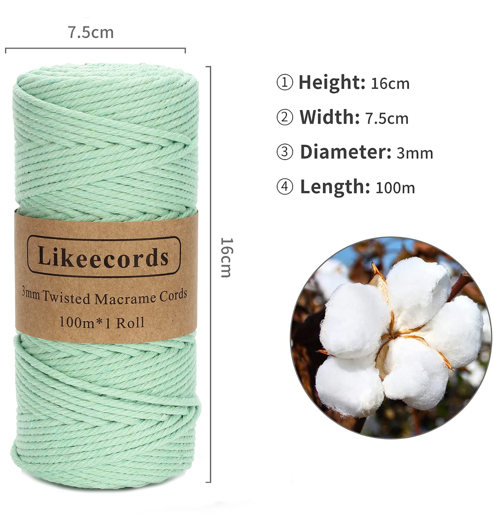 Chart Showing Thickness Macrame Cord CHEUKYIU Cotton Cord, 8 Mm 30 M