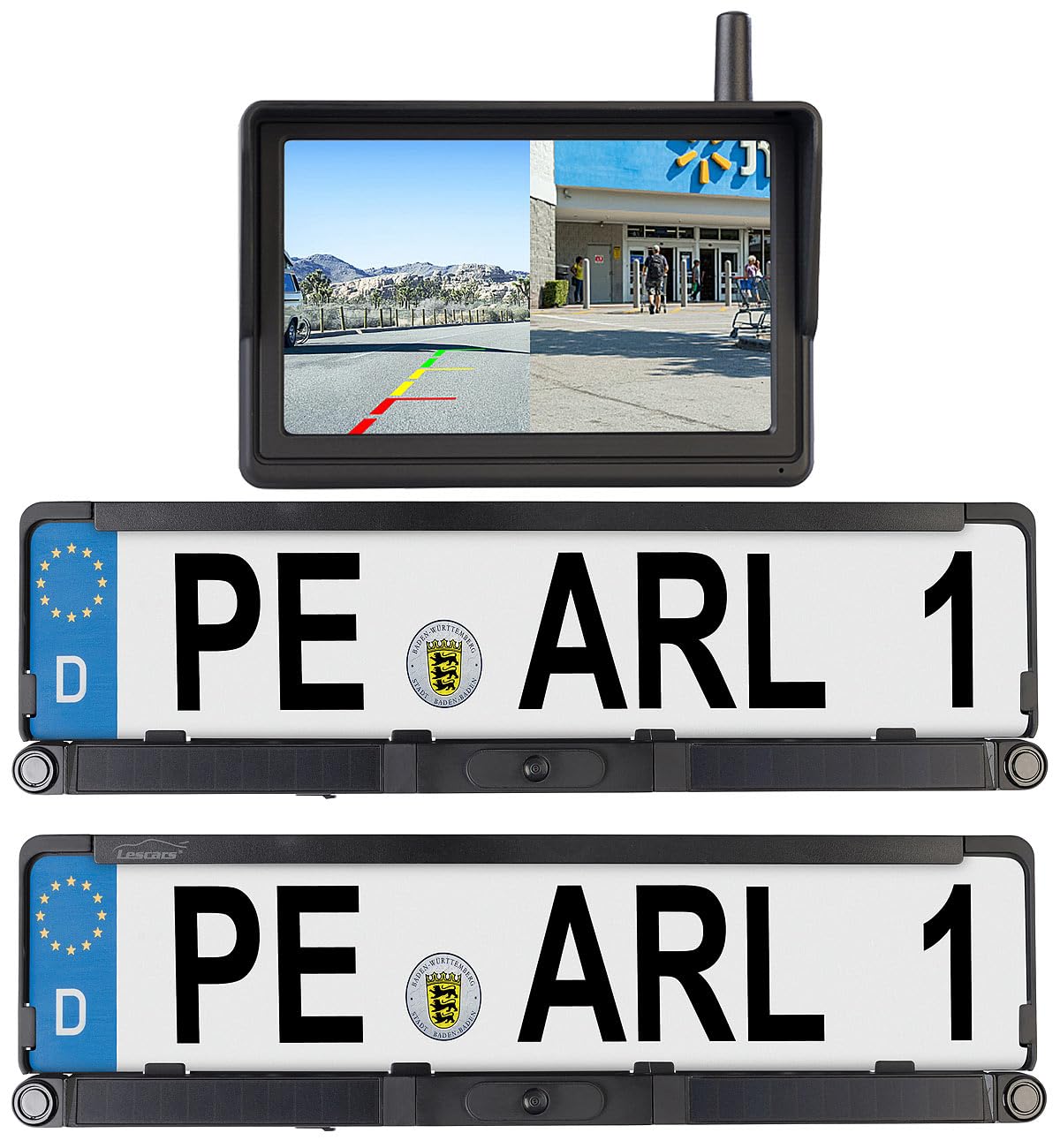 Lescars Einparkhilfe nachrüsten: Solar-Funk-HD-Front- & Rückfahrcam, Splitscreen-Monitor Abstandswarner (Einparkhilfe nachrüsten kabellos, Parksensoren kabellos, IP)