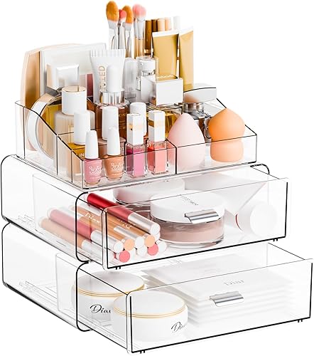 Vista 9 de Yieach Organizadores de maquillaje de 3 niveles en acrílico transparente con 2 cajones, soporte de maquillaje tiered de escritorio y organizadores