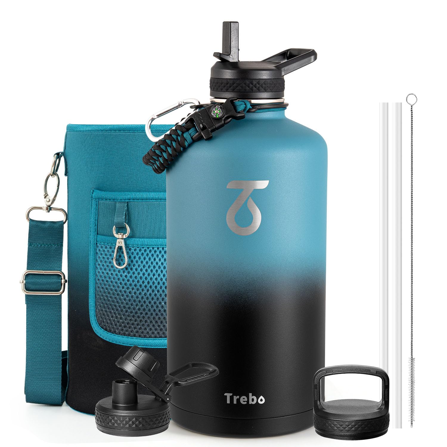 Trebo One Gallon Water Bottle Insulated with 3 Lids, Paracord Handle & Bag | 128 oz Large Stainless Steel Water Jug, Triple Wall Vacuum Copper Plated, Dishwasher Safe, Keeps Cold 48 Hrs for Hiking, Gym