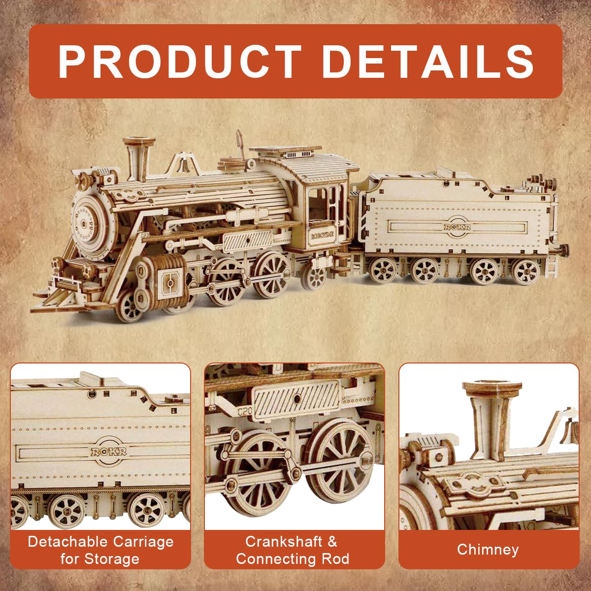 Wooden 3D Puzzle Model Building Wooden Steam Train Models Mechanical ...