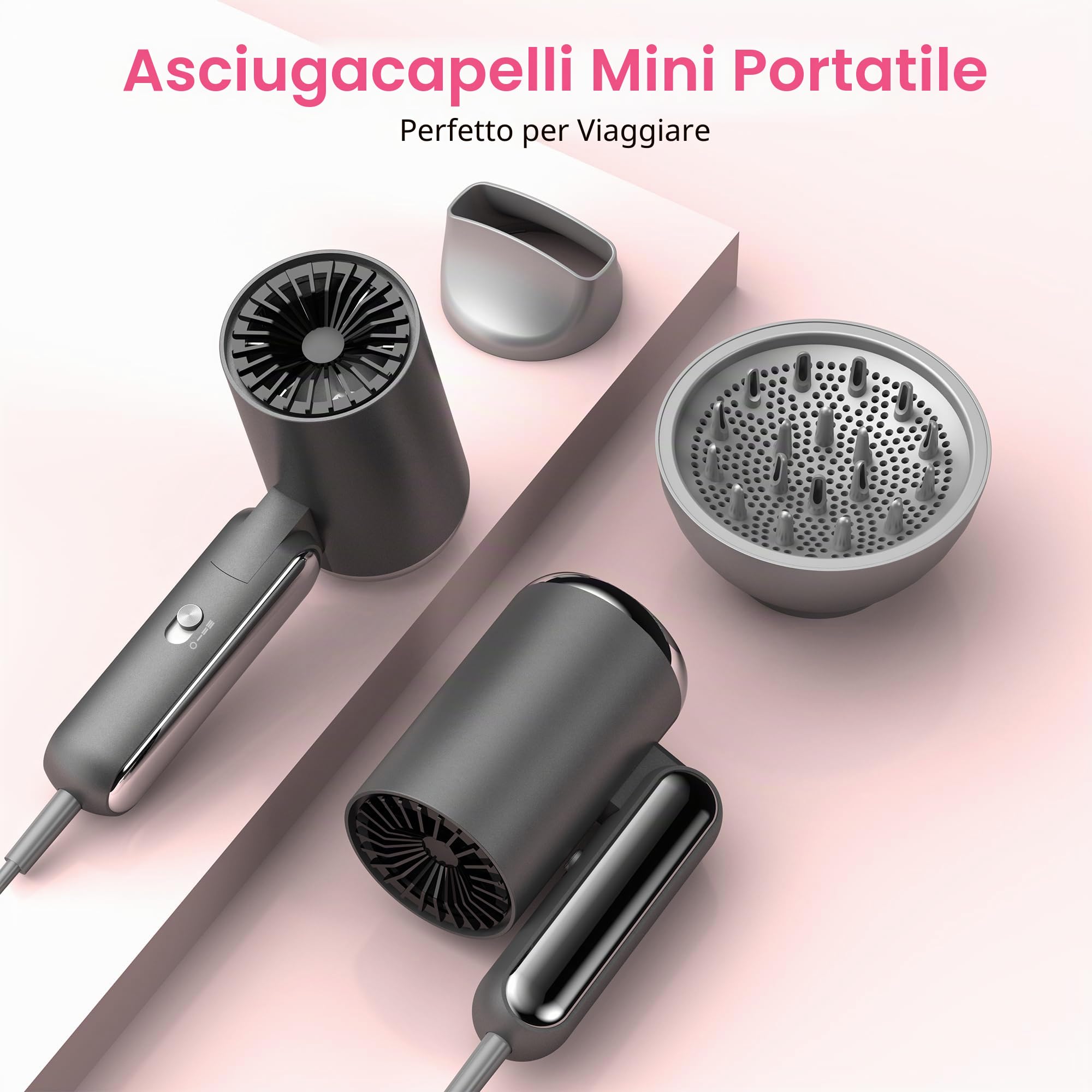 Mini Phon Capelli da Viaggio Potente - 1800W Asciugacapelli Professionale con Diffusore e Concentratori,200 Milioni di Asciugacapelli Ionico, Manico Pieghevole, 3 Tempe, Fono Capelli Ionico portatile
