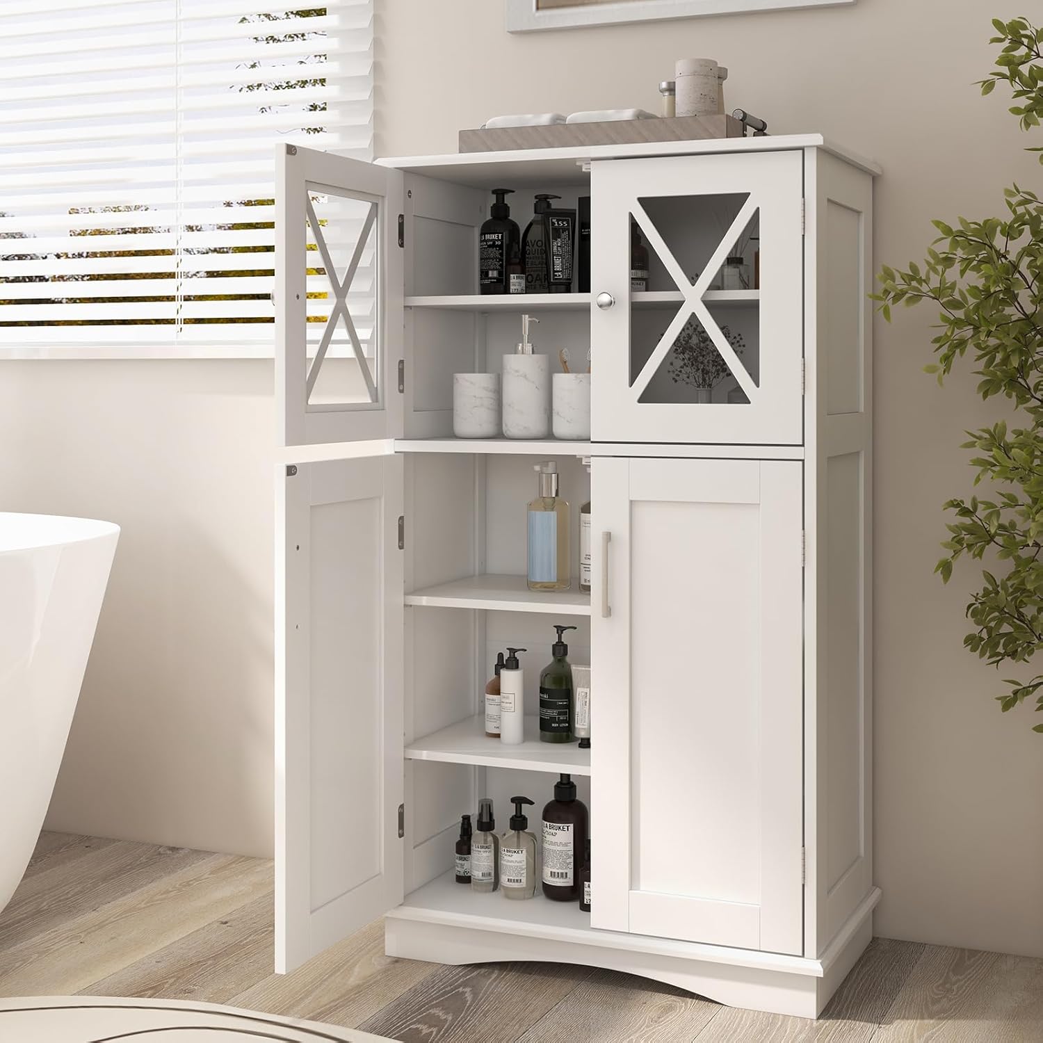 Tangkula Freestanding Floor Cabinet w/2 Glass Doors, 3-Level Adjustable Shelves, Anti-toppling, Kitchen Pantry Cupboard for Bathroom & Living Room (White)