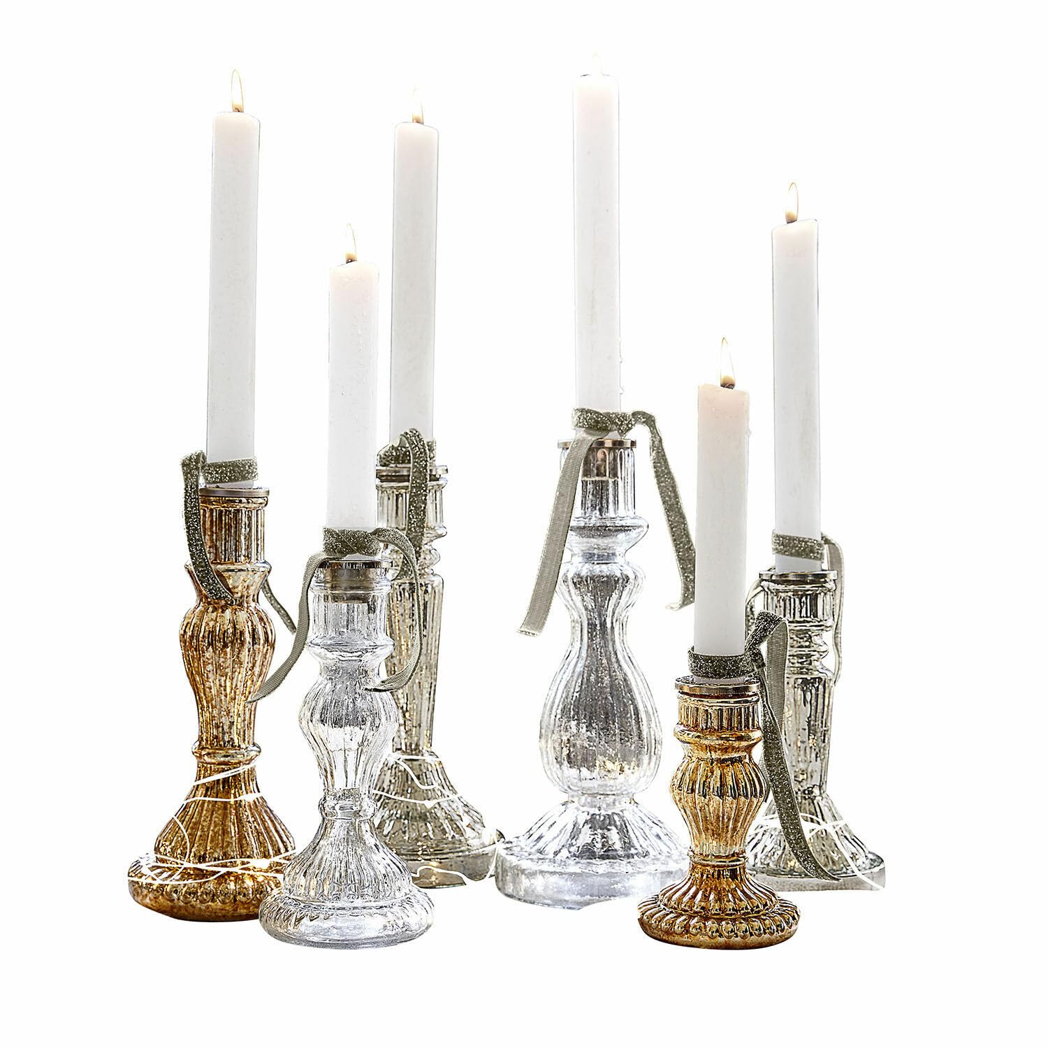 Loberon Kerzenständer 6er Set Quirène, Gold/klar | Mundgeblasen, Sechs Individuelle Designs, Bauernsilber-Finish & Klares Glas, Kerzenhalter, Dekoration, Eisen