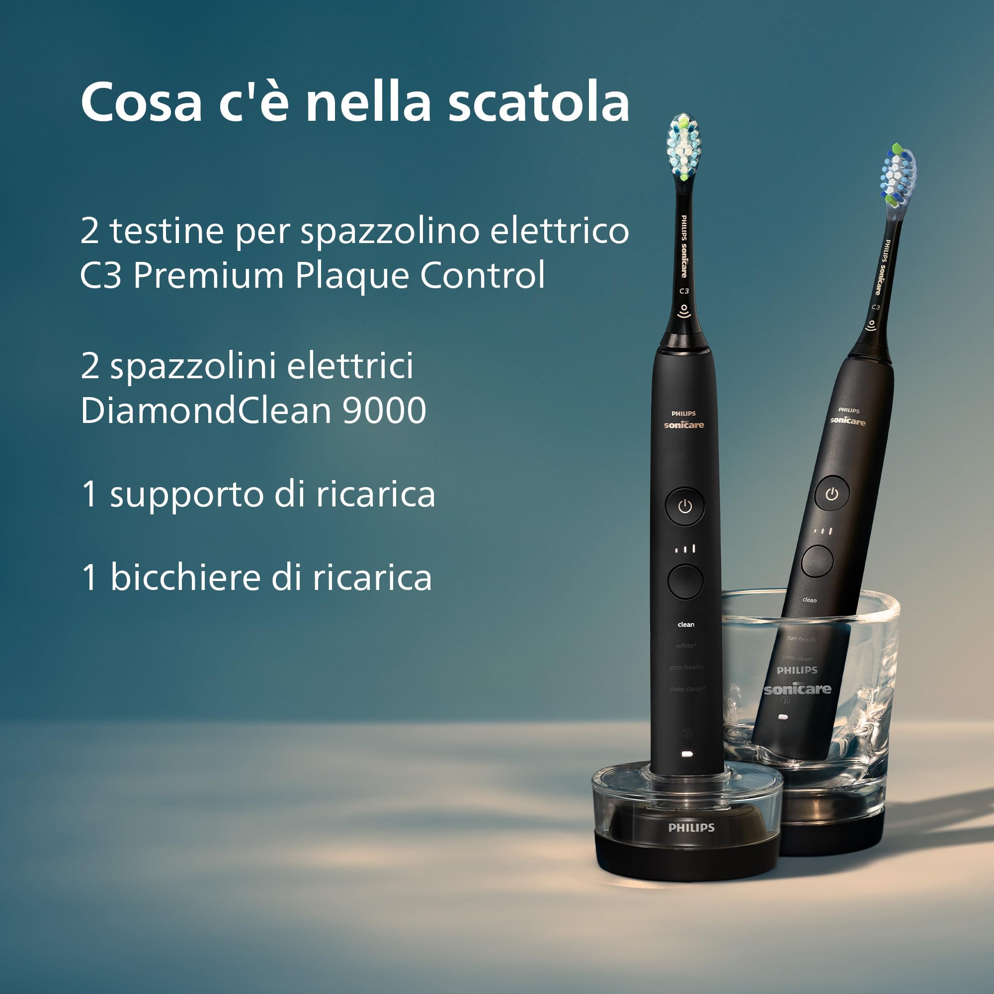 Philips Sonicare DiamondClean 9000 spazzolino elettrico sonico con app, sensore di pressione, 4 modalità di pulizia, bicchiere di ricarica, colore nero, confezione doppia, modello HX9914/54