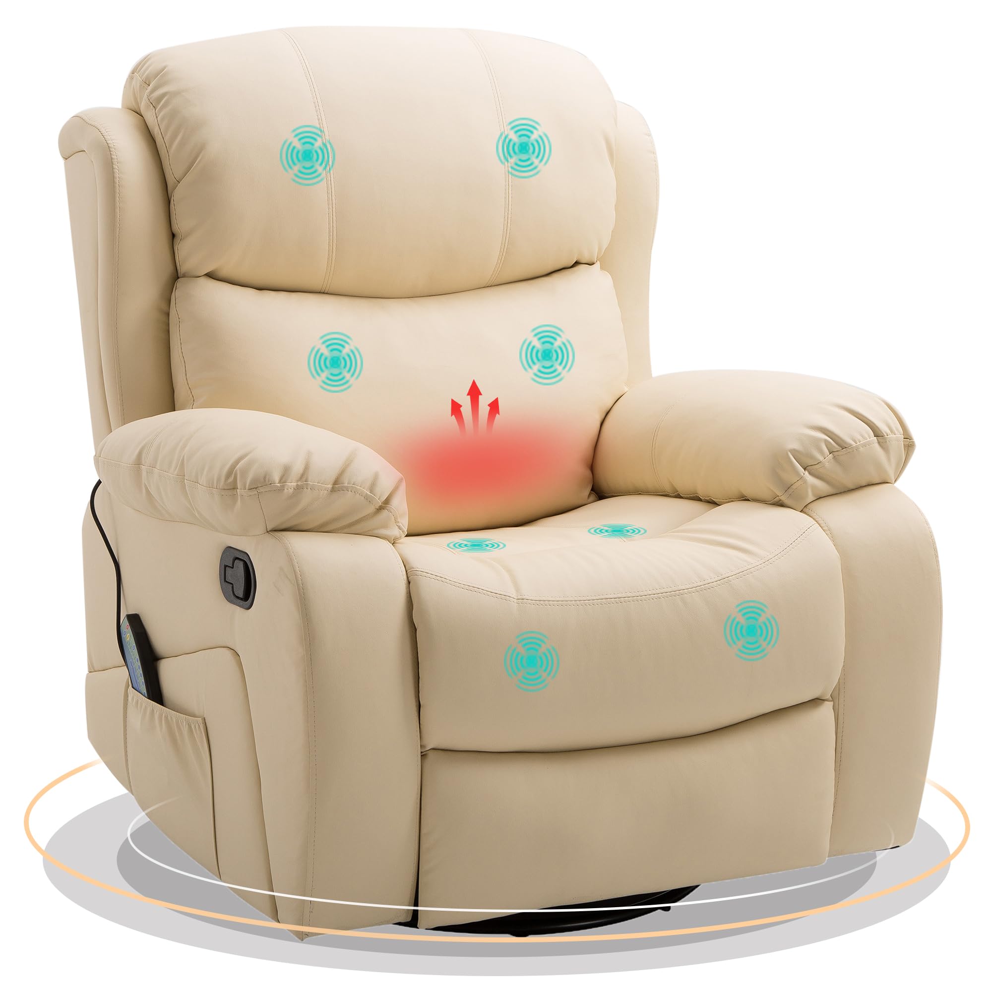 HOMCOM PU Leather Massage Recliner Chair with 8 Points and Heat, Manual Reclining Chair with Swivel Base, Footrest and Remote, Rocking Armchair, Beige