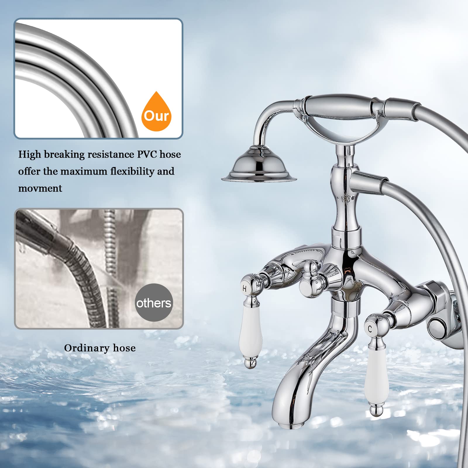 Midanya Clawfoot Wannenarmatur – Poliertes Chrom, Mit Handbrause, Für Badewanne, Wandhalterung, 7.6-22.9 Cm