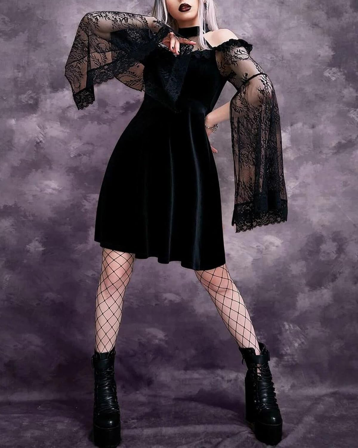 LVCBL Women's Lace Vintage Dress Halloween Vampire Cold Shoulder Gothic Dress - Image 2