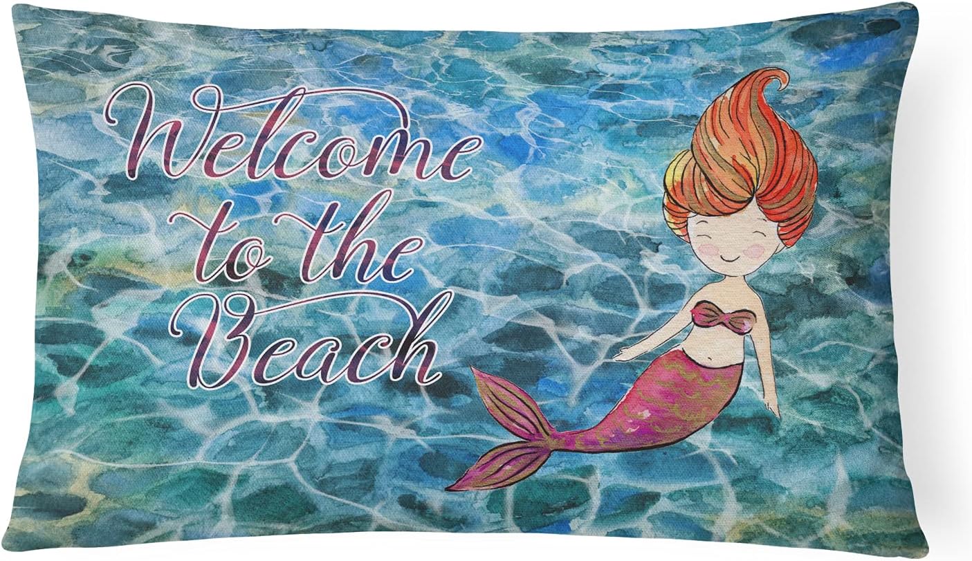 Caroline's Treasures BB8521PW1216 Mermaid Water Welcome Canvas Fabric Decorative Pillow Machine Washable, Indoor Outdoor Decorative Pillow for Couch, Bed or Patio, 12HX16W