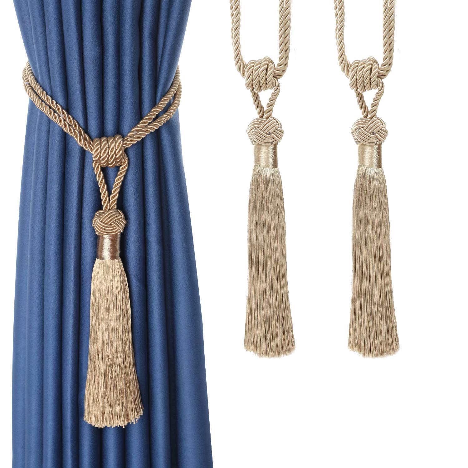 Tassel Curtain Tiebacks， Braided Rope Curtain Tiebacks Decorative Tassels Multicolor 2/4 Pcs(Beige,2pcs)