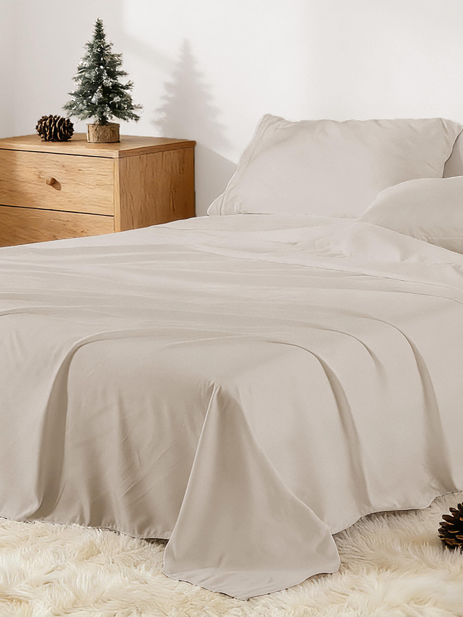 4 Piece Prewashed King Bed Sheet Set Ultra Soft Fitted Sheet King Size Bedsheet 2 Pillowcases Washed Brushed