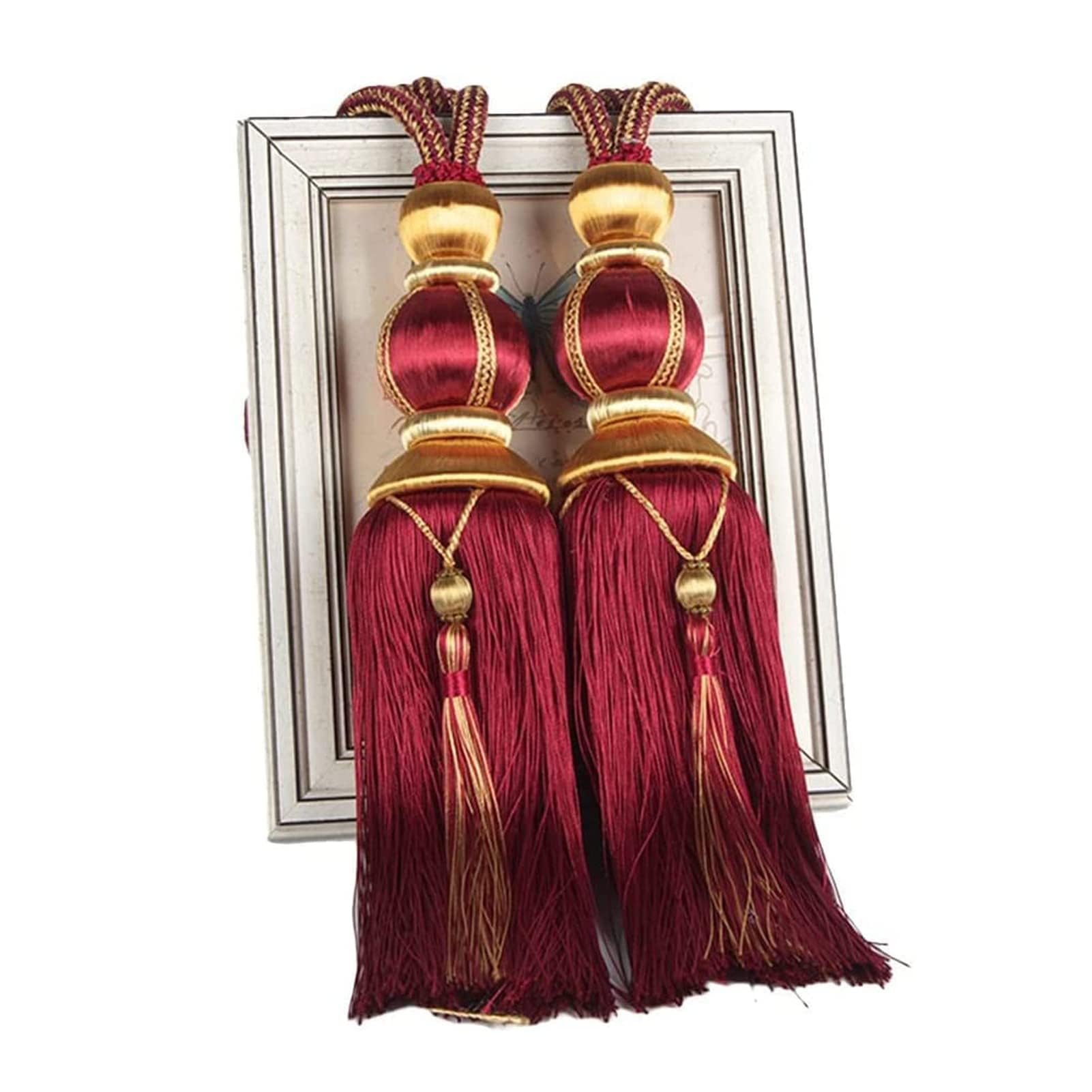 Paired Lantern Single Hanging Ball Tassels Curtains Buckle Sling Binding Lantern Tiebacks Handcrafted Braided Buckle Drapery Curtain Holdbacks Window Treatments for Home（Red，2 packs）