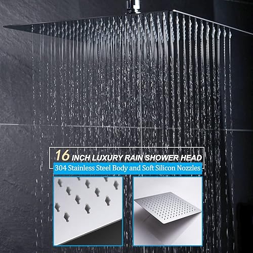 Miniatura 2 de Sistema de ducha cromado de 16 pulgadas con techo de chorro de cuerpo, juego completo de grifo de ducha de lluvia grande, sistema completo,