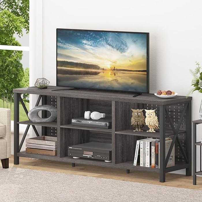 Buy IBF Industrial TV Stand for 75 Inch TV, Large Rustic Wood and Metal Entertainment Center