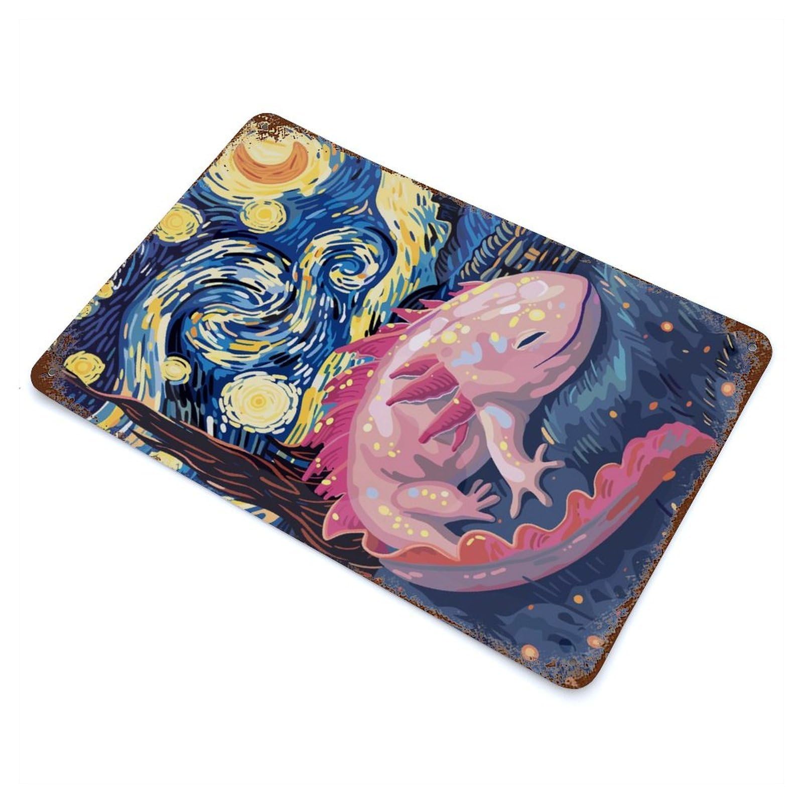 Retro Metal Sign with Axolotl in Starry Night Style Design 11.8"x7.9", for Office, Studio And Wall Decor, Retro Wall Decor